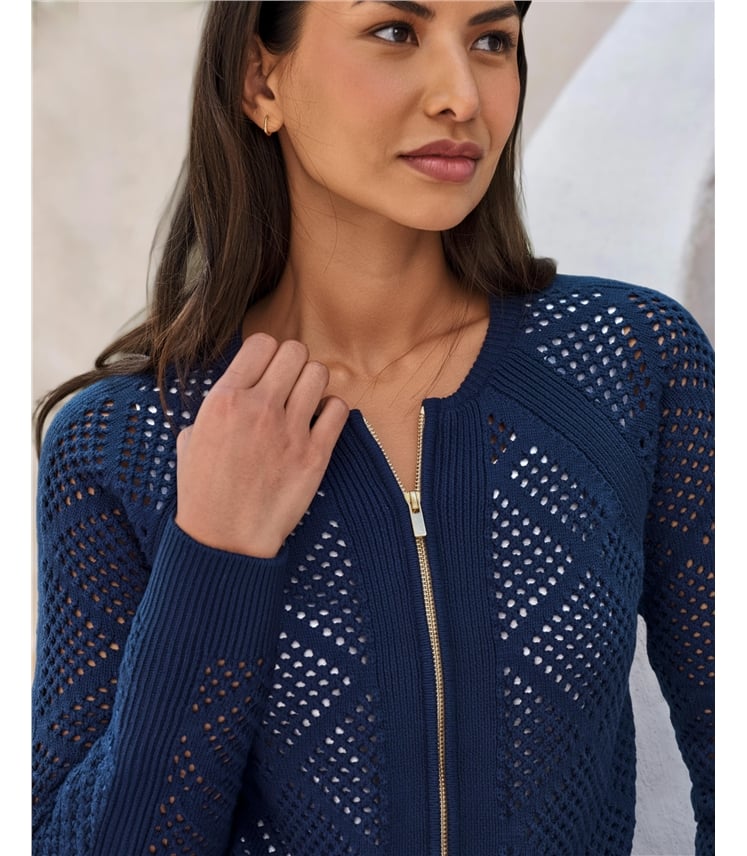 Cotton Mesh Zip Cardigan